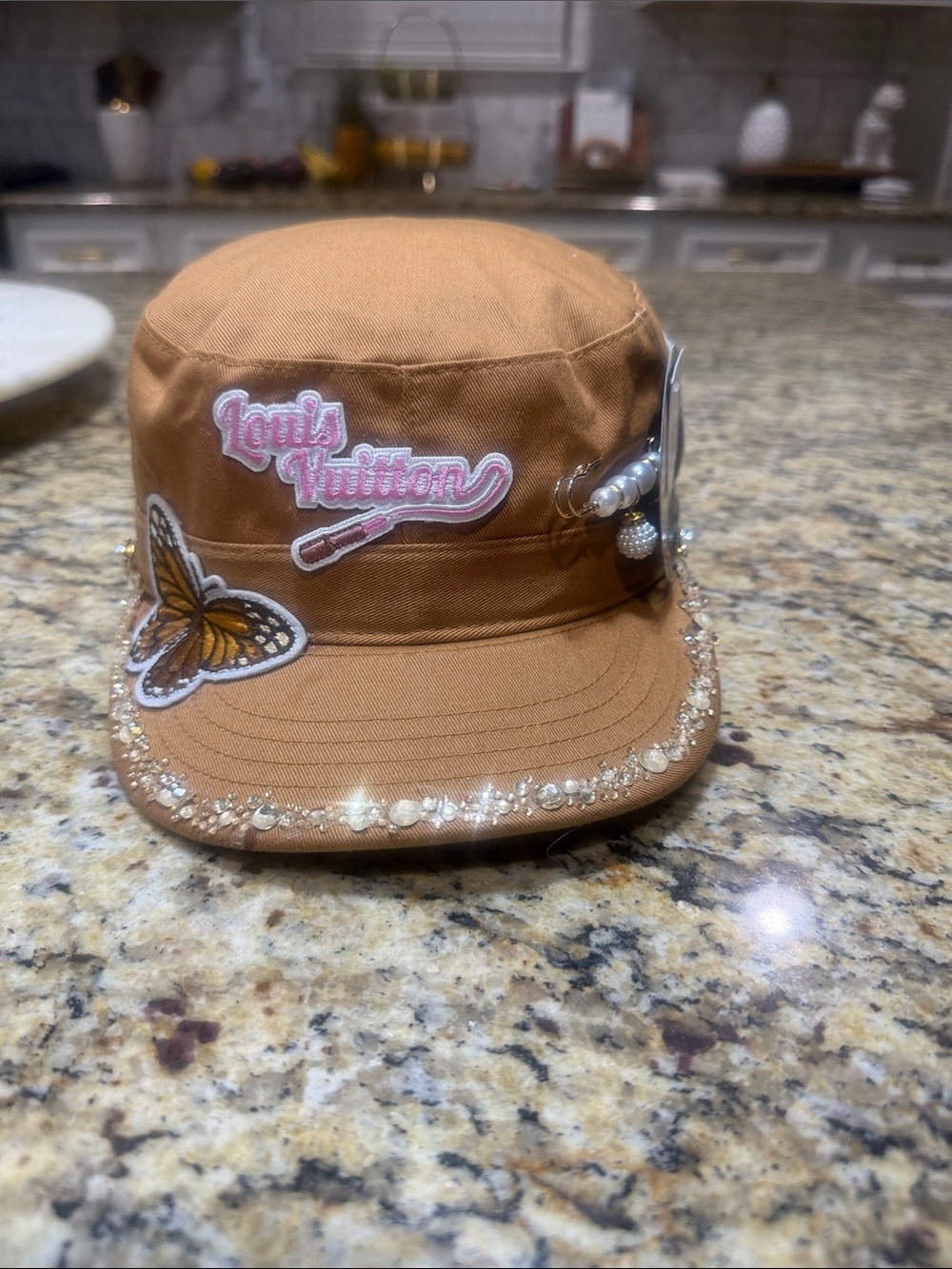 Designer Tan Pearl-Trim Patch Cap